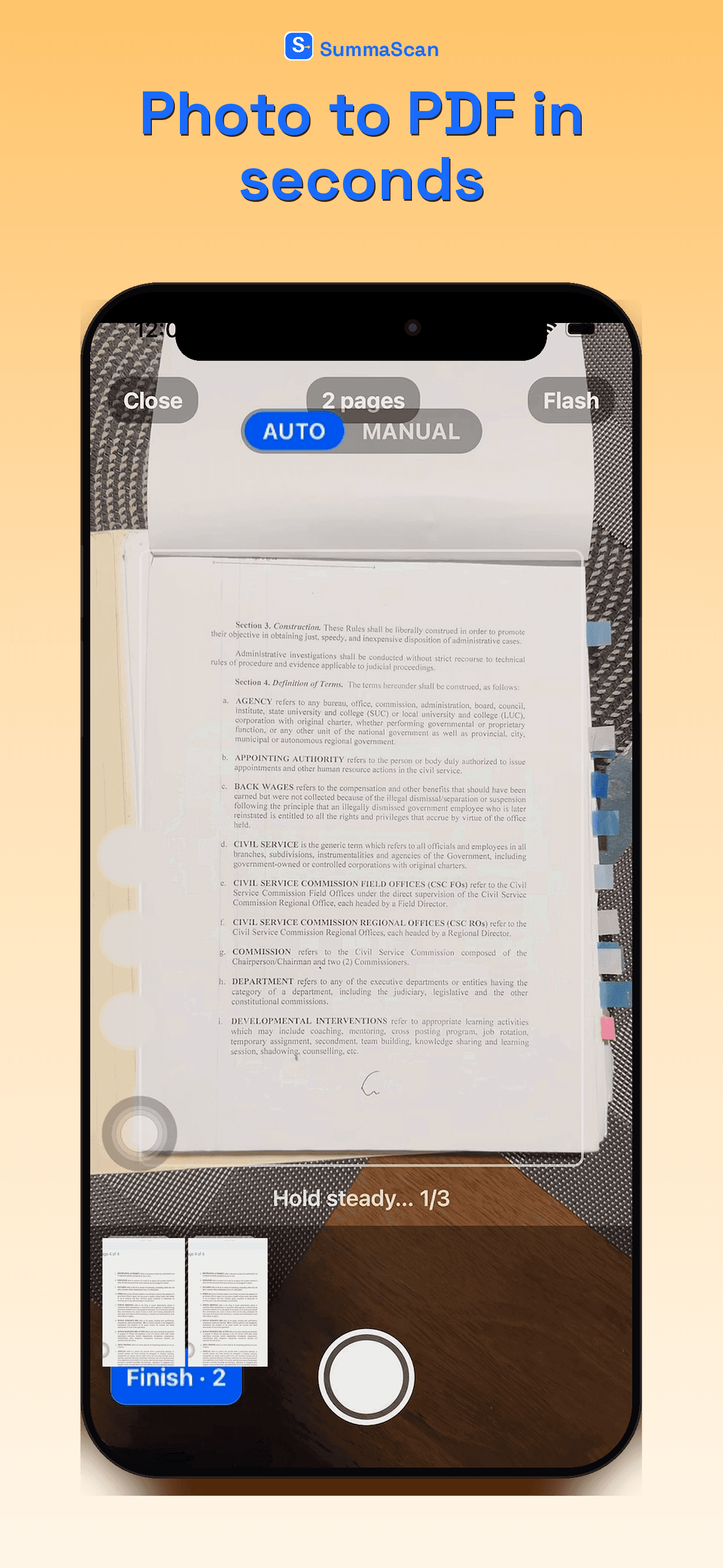 SummaScan Scan screen capturing a document with the camera