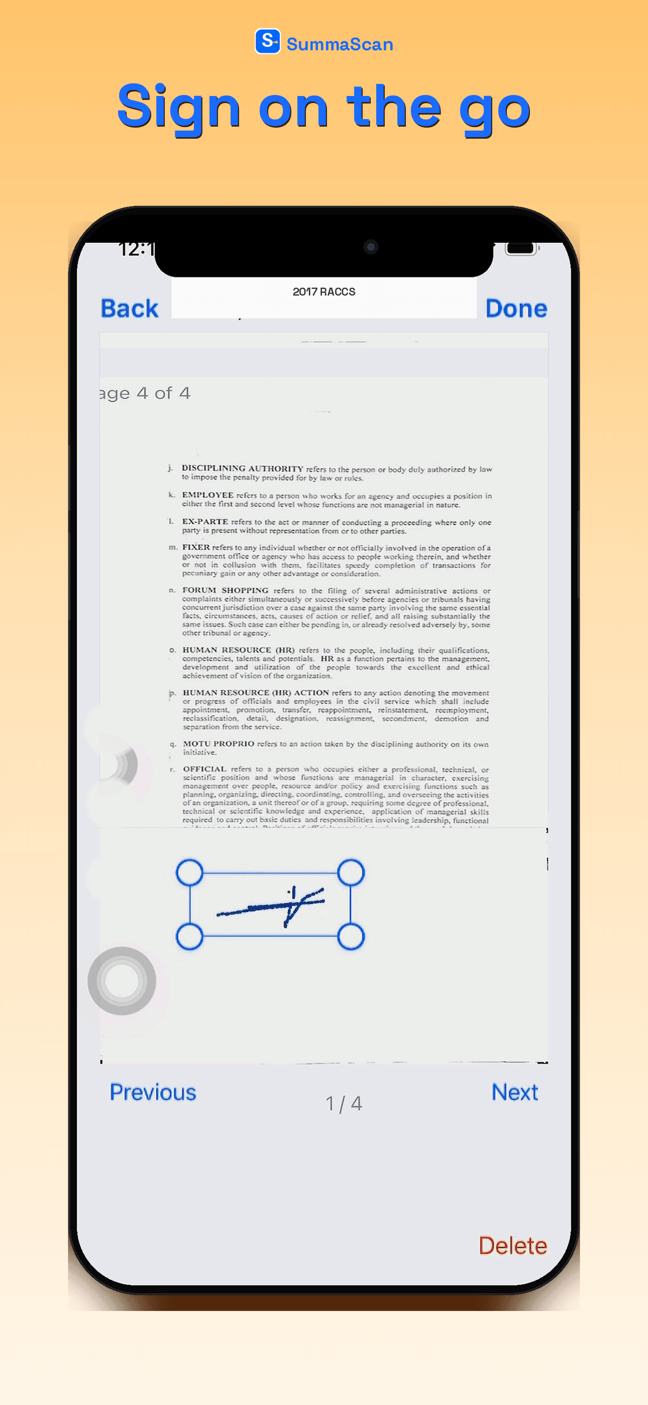 SummaScan Sign screen for adding a signature to a document