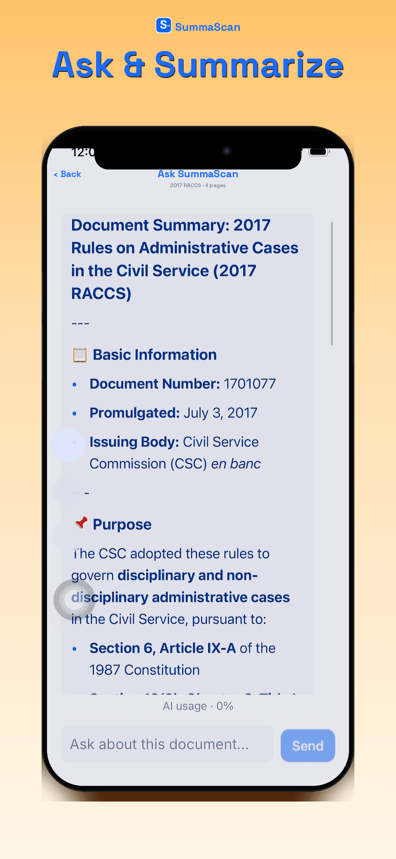 SummaScan Ask AI screen with a document question and grounded answer